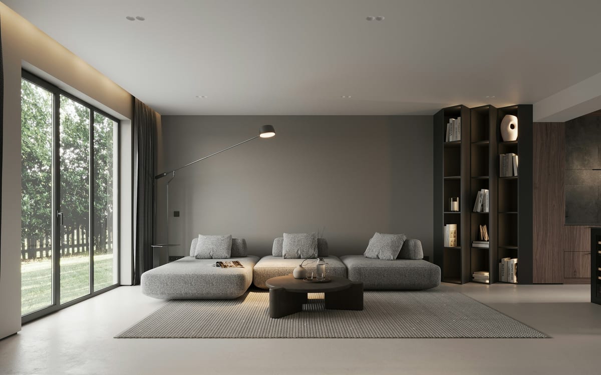 Interior arrangement of furniture and soft flooring in warm tones