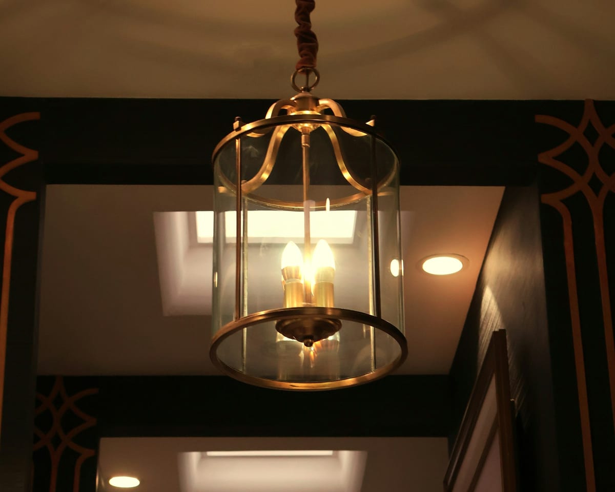 Decorative pendant lighting fixtures in a warm interior